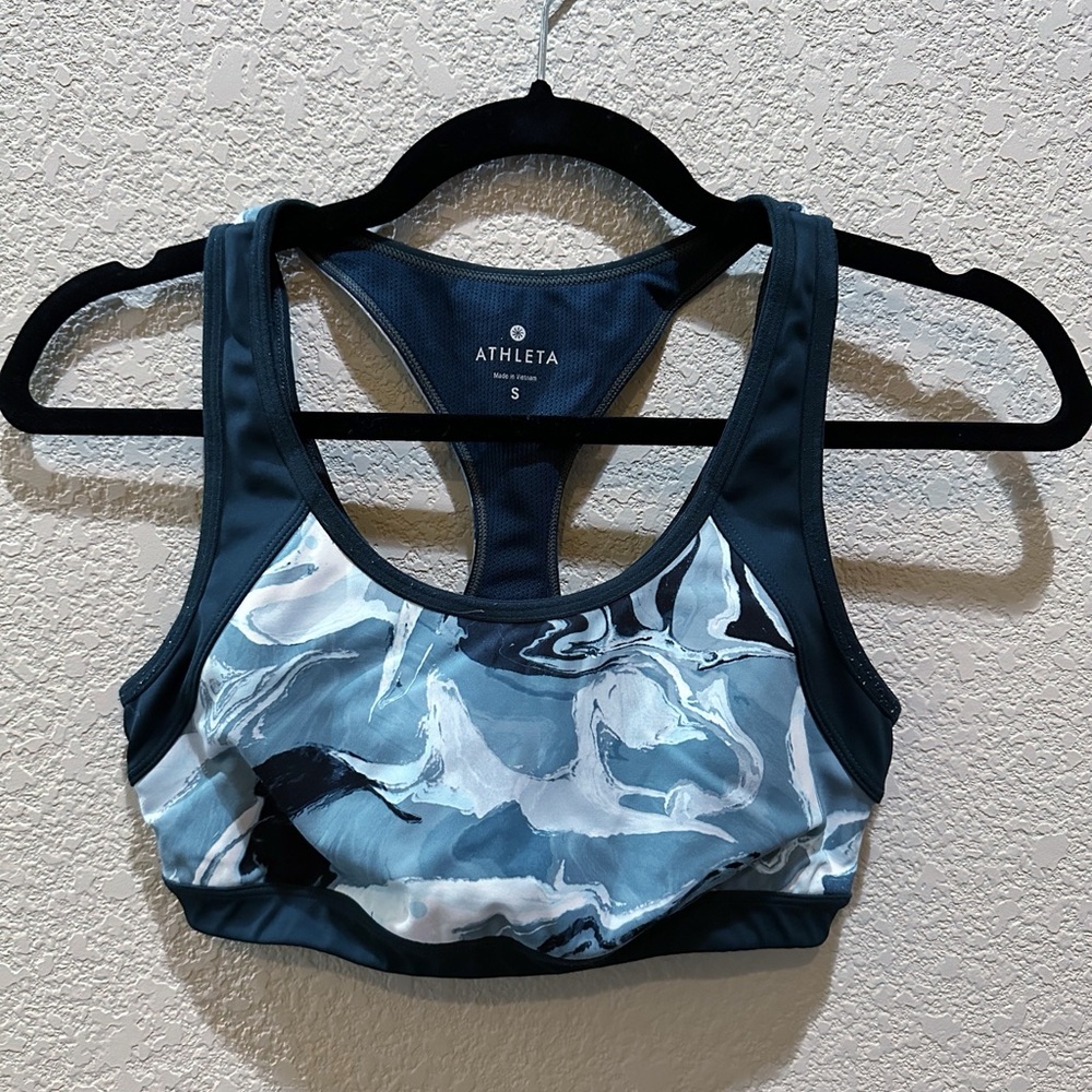 Athleta Double Dare Racerback Sports Bra, Teal Patterned, Size S
